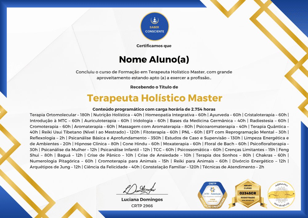 Certificado Terapeuta Holístico Master – 2.754 horas – ABRAPH – ATH – Luciana Domingos CRTP 2966 – Ibrath Inbrath
